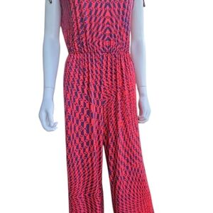 Red and Blue Geometric Jumpsuit with Wide-Leg Design